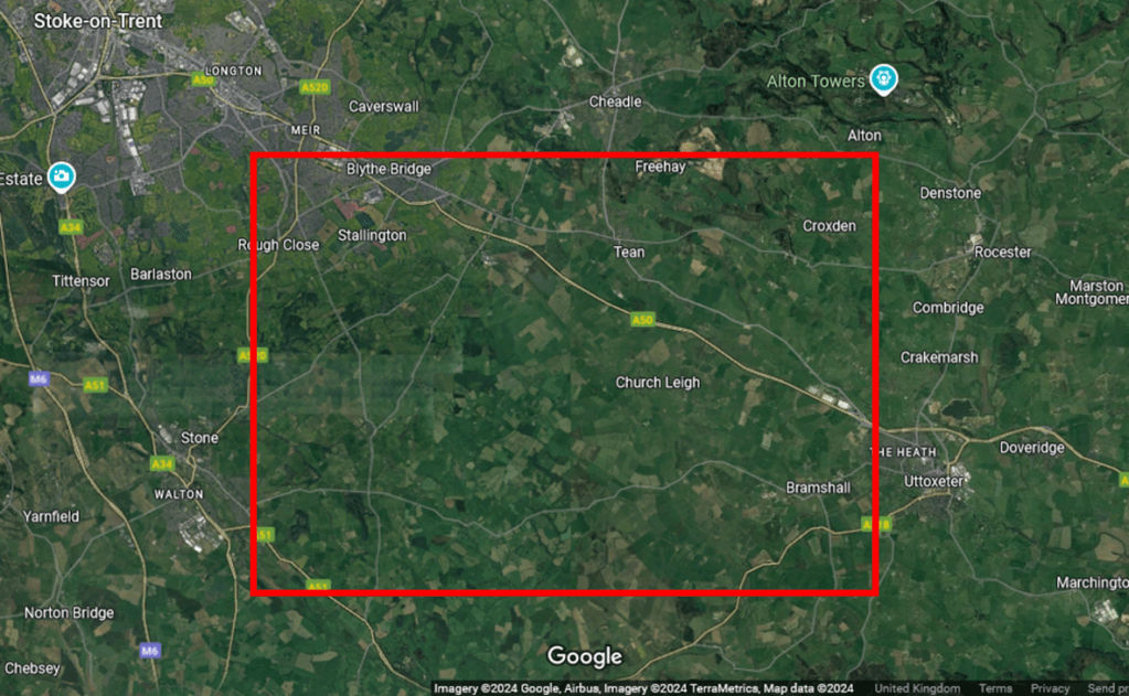 Satellite image of area near Stoke-on-Trent showing area where meteorite may have landed, highlighted by a red rectangle.
